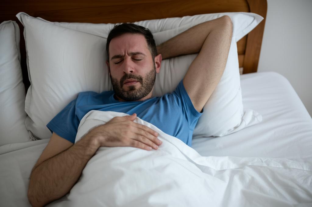 A tired man lying in bed, looking stressed and unable to sleep.