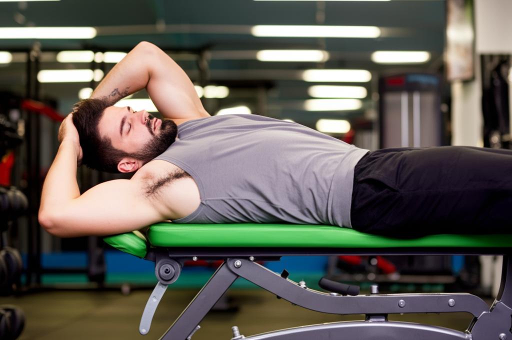 A tired man lying on a gym bench after workout, looking exhausted.