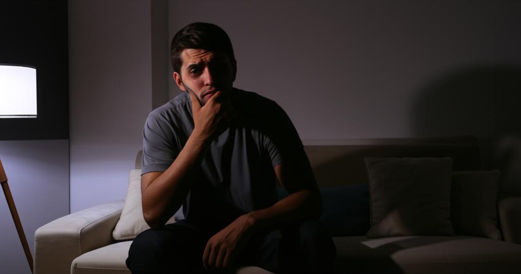 Worried man sitting alone in a dimly lit room, thinking about relationship problems
