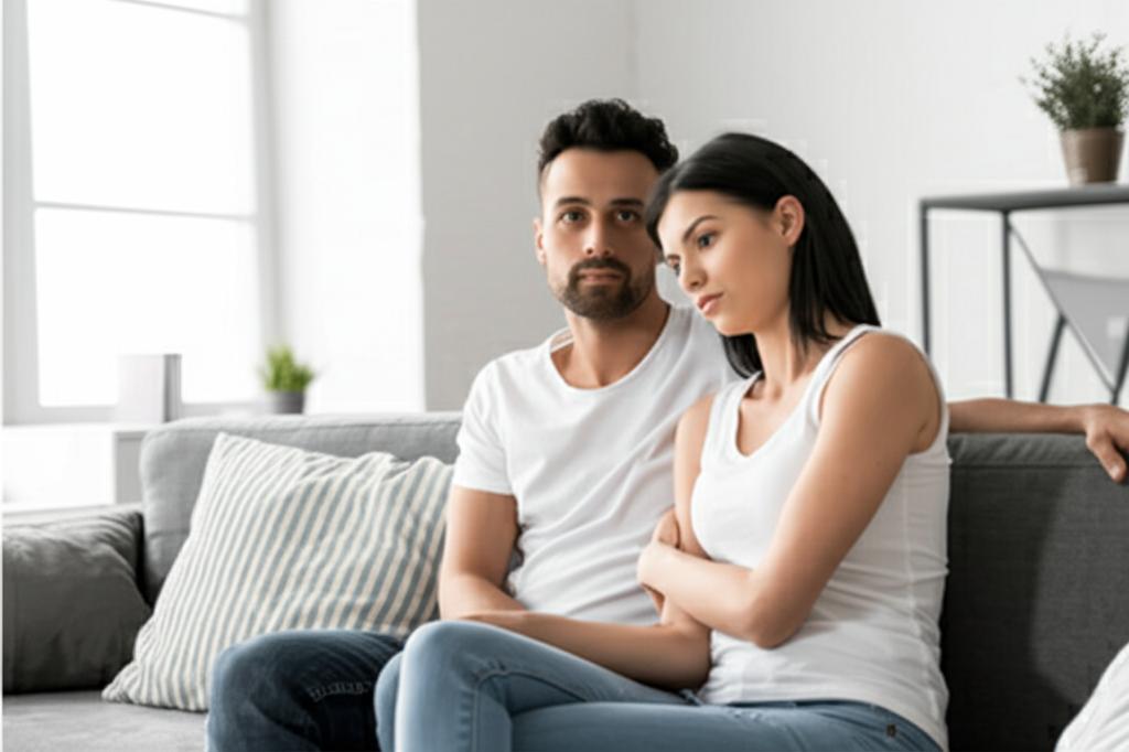 A couple sitting on a couch, looking slightly distant, with a subtle feeling of concern or sadness, soft lighting, intimate atmosphere