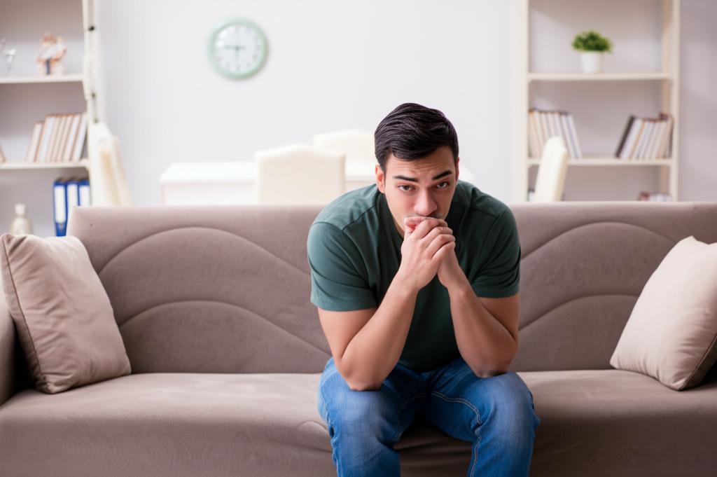 man feeling tired sitting on a sofa in a comfortable home setting, looking thoughtful