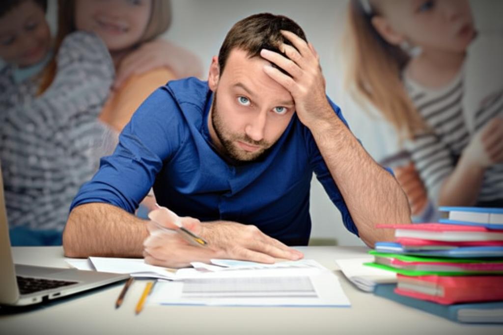 Realistic photo of a tired father sitting at a desk, looking stressed, with blurry images of kids and work documents in the background.