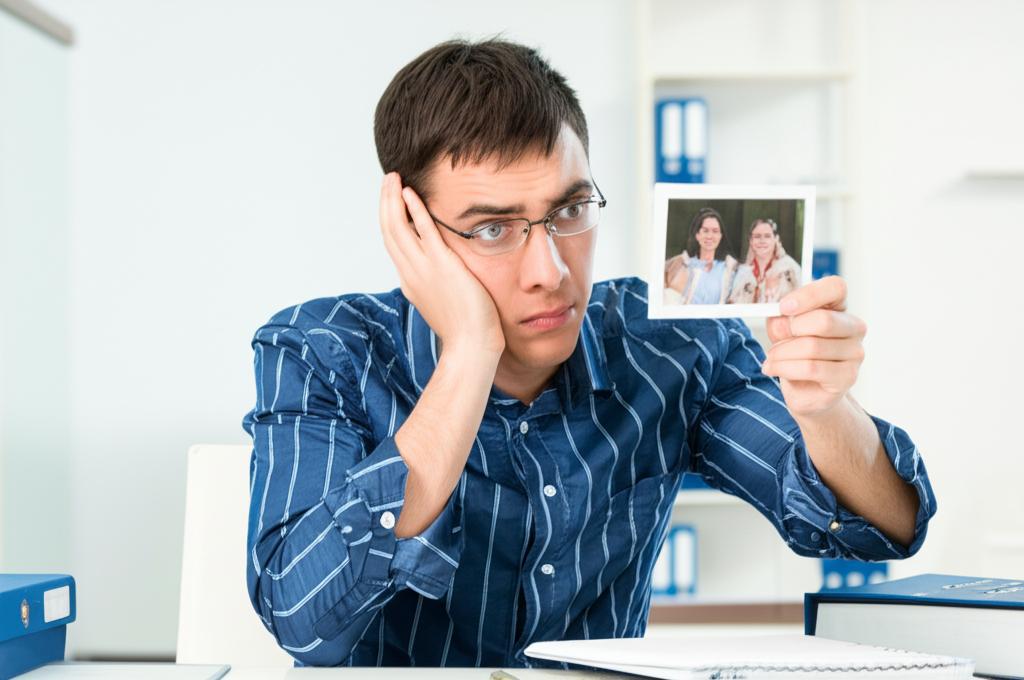 Tired salesman looking at a photo of his family