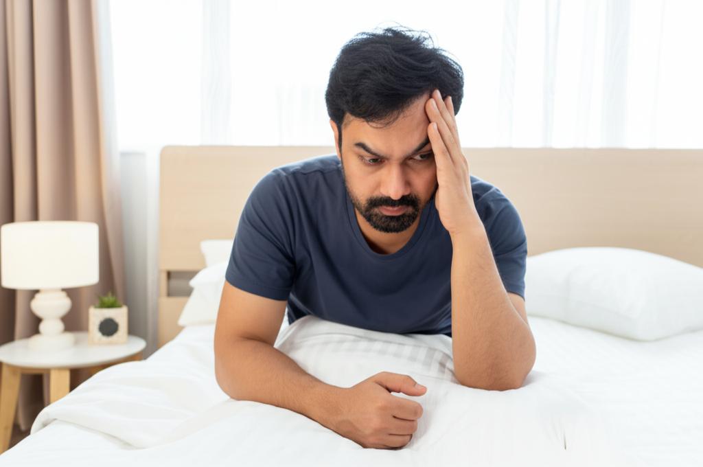 Man looking stressed or disappointed in a bedroom setting