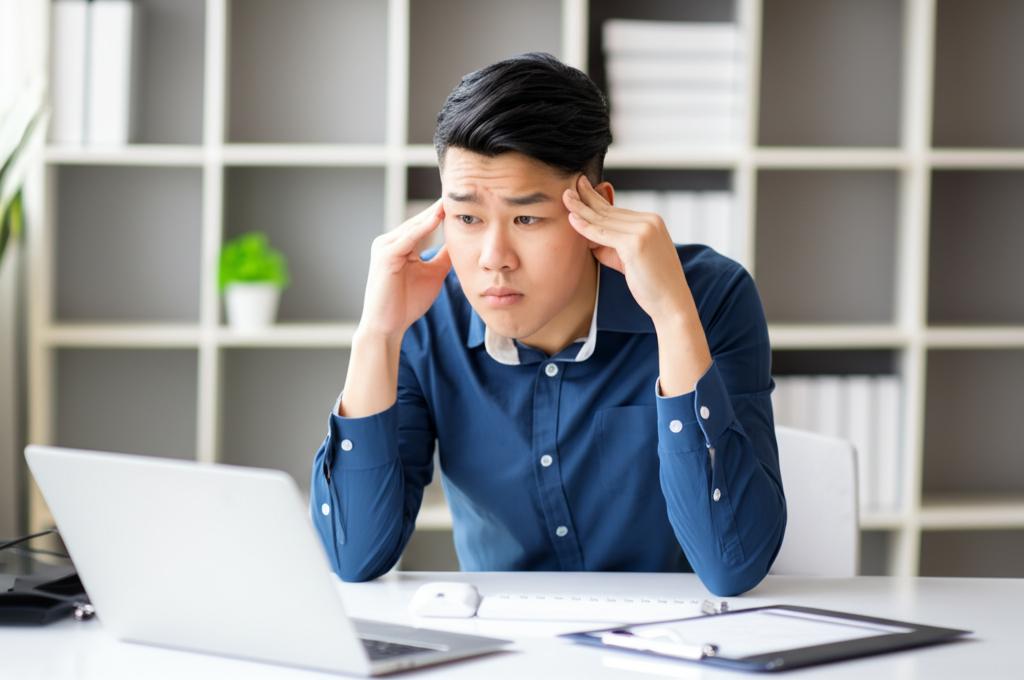 Image of a stressed young asian office worker sitting at a desk, looking tired and worried