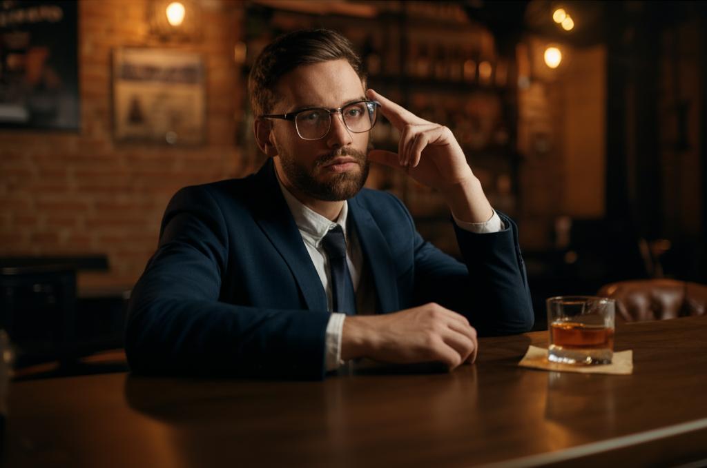 Image of a tired businessman sitting at a bar, looking stressed. ai prompt: A stressed-looking businessman in his 30s sitting alone at a bar with a half-empty glass of whiskey.