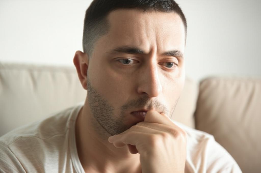 man looking stressed or thoughtful, sitting alone, thinking about relationship issues, soft lighting