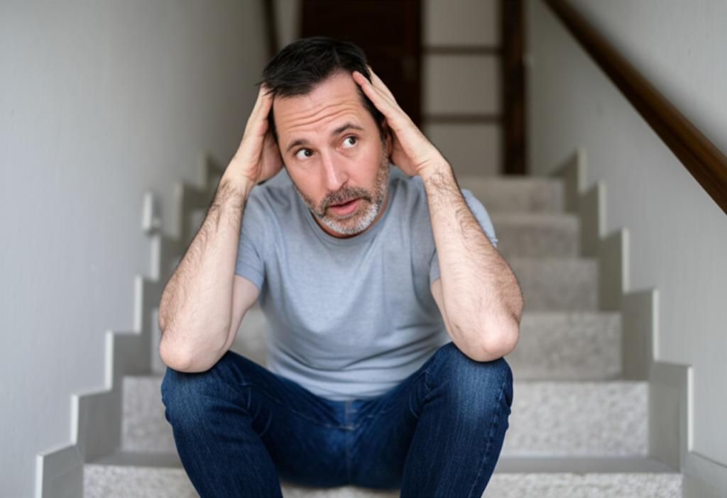 Tired middle aged man sitting on stairs looking exhausted