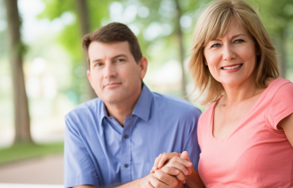 Middle aged couple holding hands on a park bench, looking happy and relaxed, soft focus background