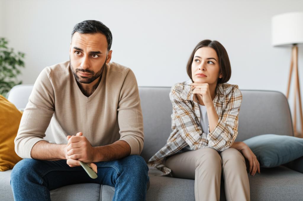 A tired couple sitting on the sofa, looking unhappy.