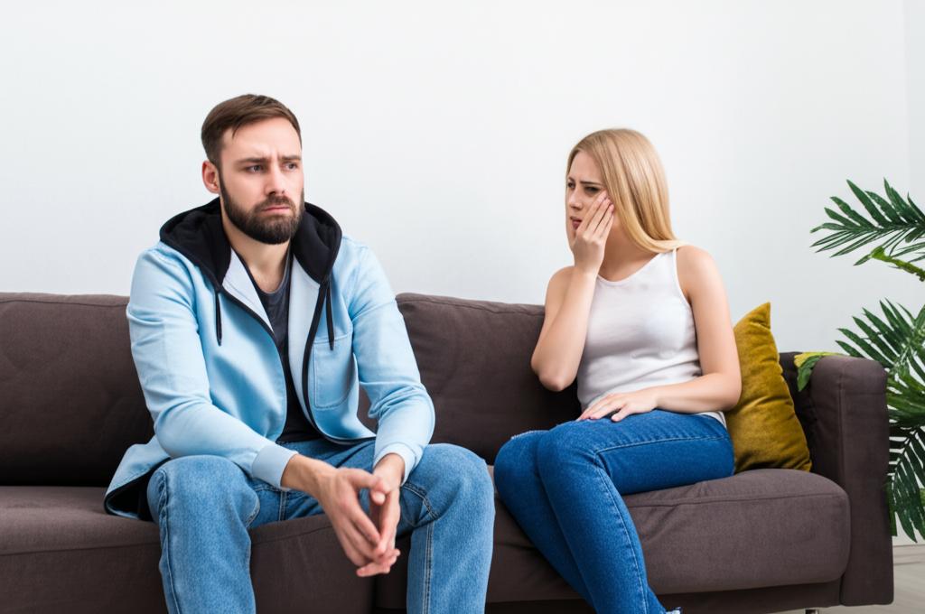 A couple sitting on a couch, looking at each other sadly, with a sense of distance and exhaustion in their eyes.