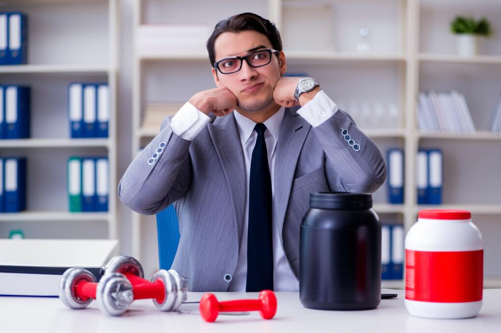 a stressed man in a suit sitting at a desk surrounded by weights and protein powder, looking overwhelmed