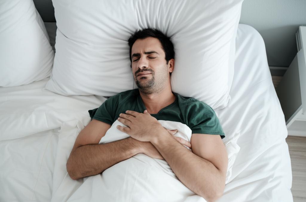 Worried man lying in bed, insomnia, feeling tired and stressed.