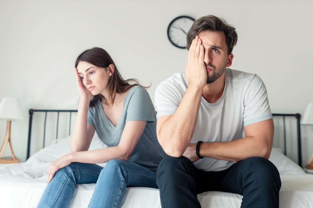 Worried couple sitting on bed, looking at each other