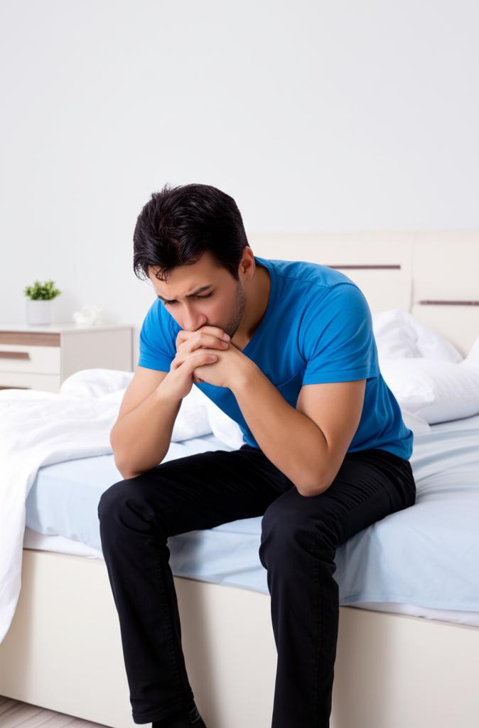 A tired man sitting on the edge of the bed, looking stressed.