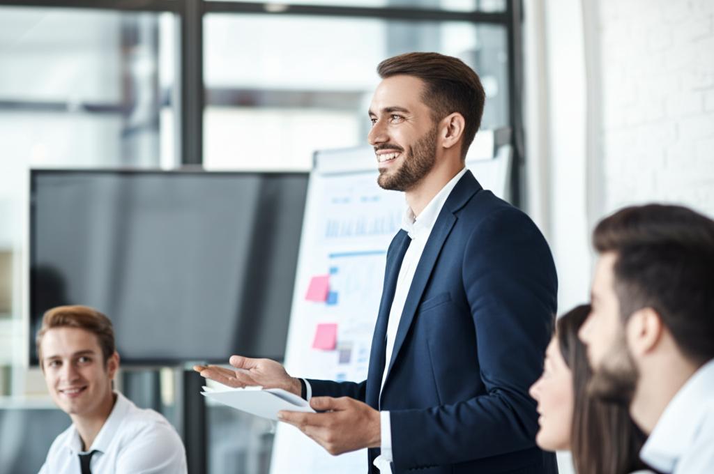 Image of a smiling businessman confidently presenting to a group. ai prompt: A confident businessman in his 30s presenting a project to a group of colleagues, smiling and gesturing enthusiastically.