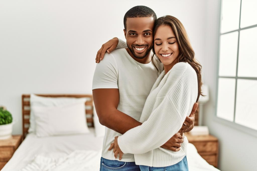 Happy couple hugging in a cozy bedroom, smiling at each other