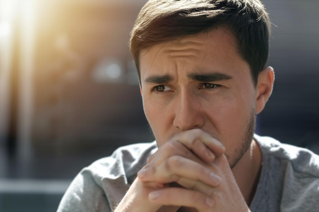 A man looking thoughtful or slightly worried, perhaps sitting alone, representing someone facing a personal challenge, soft focus