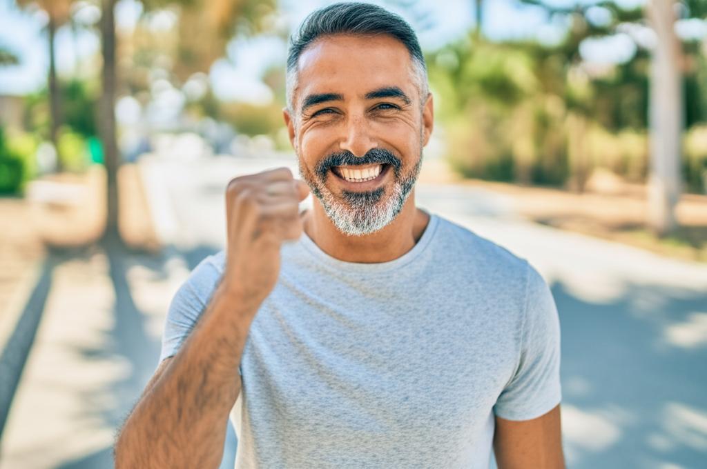 man smiling and looking energetic, maybe walking outdoors or spending time with partner