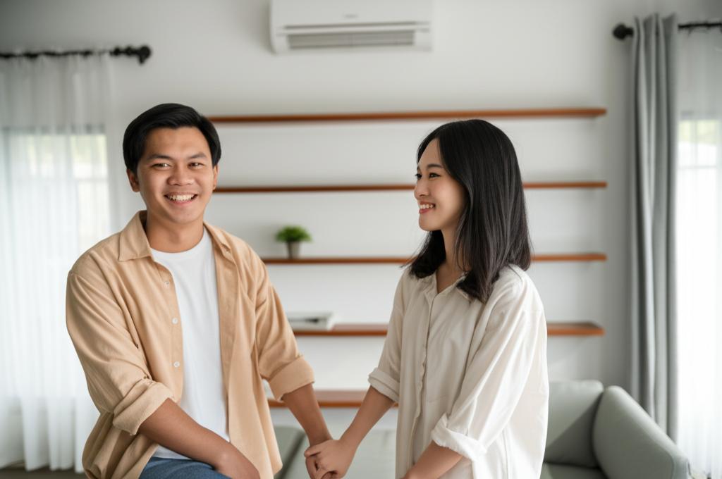 Image of a happy young asian couple smiling and holding hands in a comfortable home setting