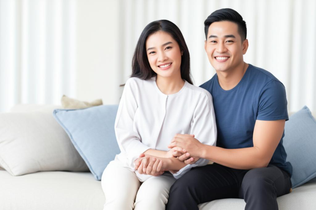 asian couple holding hands and smiling, looking happy and relaxed, suggesting improved relationship