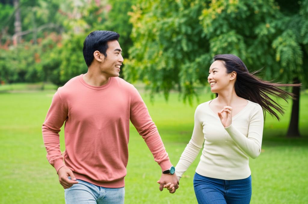 A couple smiling and holding hands, running together in a park.