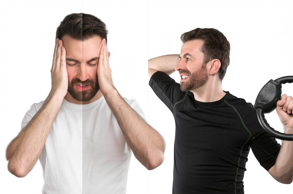 A split image showing a man looking tired and stressed on one side, and the same man looking energetic and smiling on the other side, perhaps exercising or working efficiently.