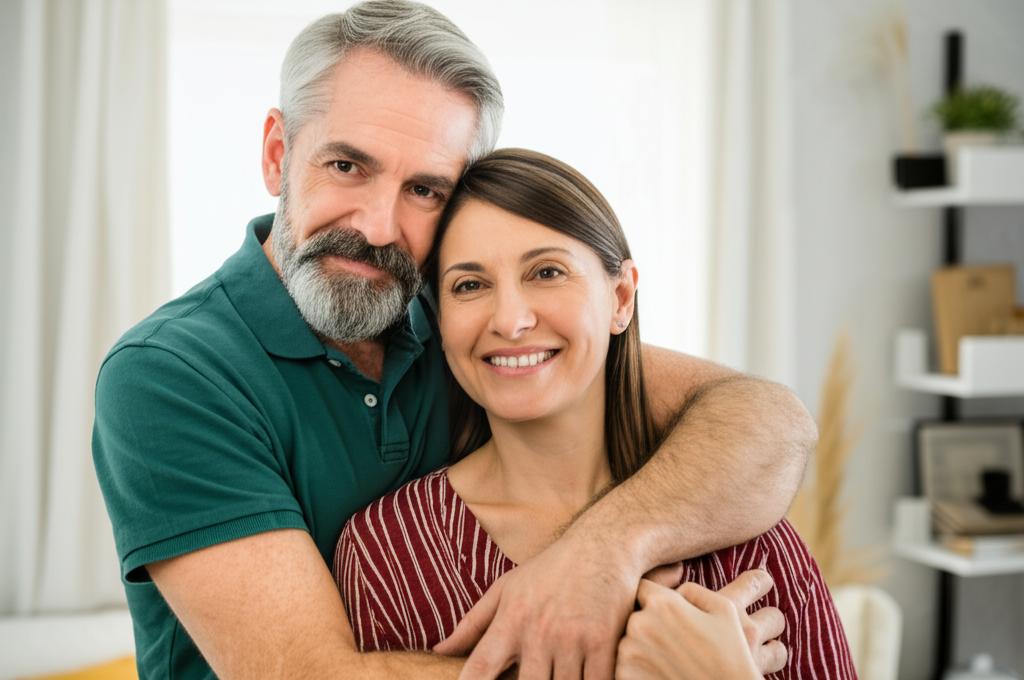 Happy middle aged couple embracing warmly at home, soft lighting, showing renewed intimacy