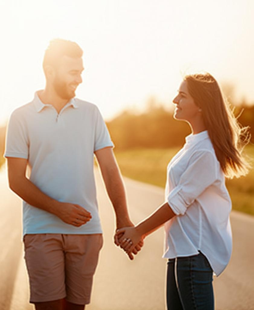 happy couple holding hands, smiling, sun shining