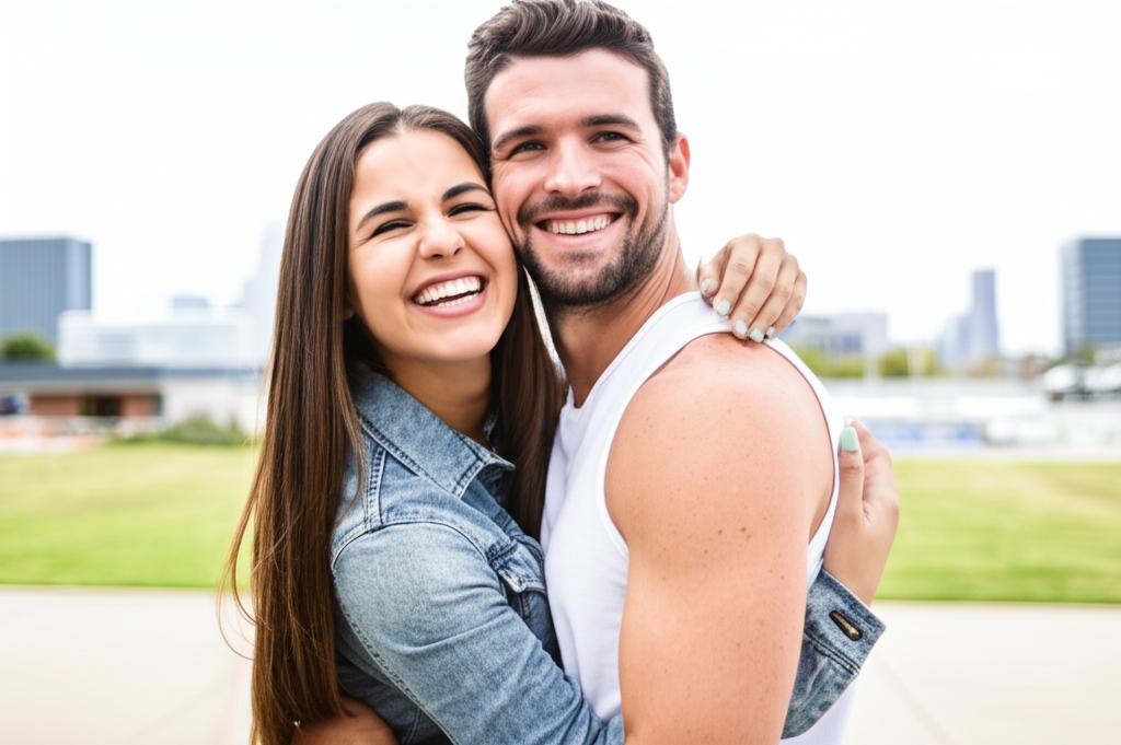 A happy couple embracing and smiling, radiating energy and affection.