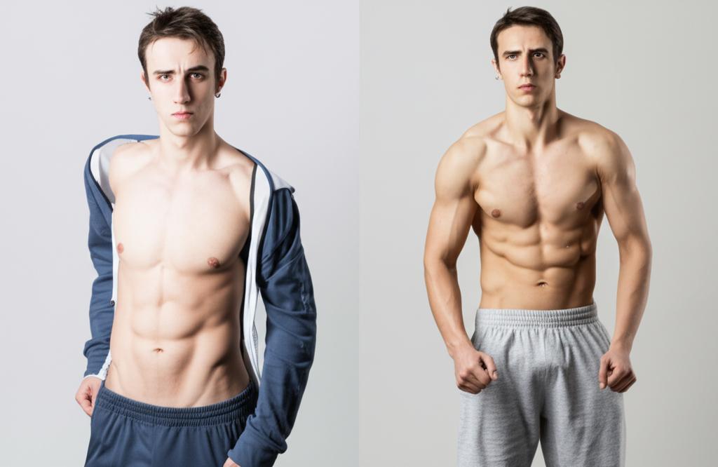 a before-and-after photo of a man, showing him initially looking tired and unhealthy, and then looking fit and muscular