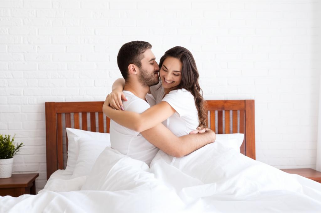 Happy couple hugging in bedroom