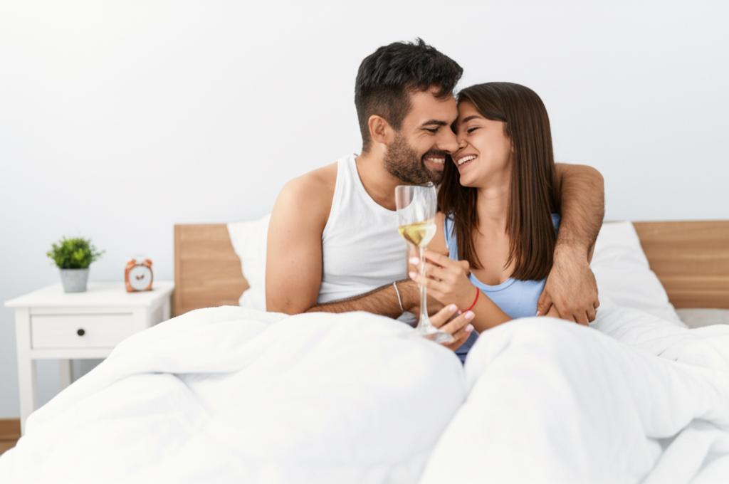 A happy couple embracing in their bedroom.