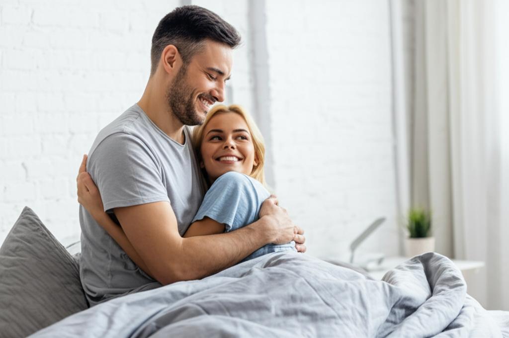 A happy couple hugging and smiling in their bedroom.