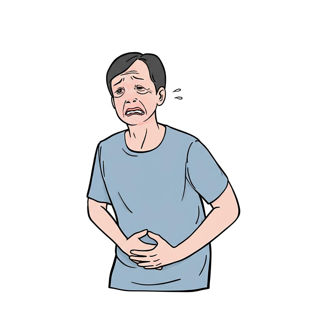 ai prompt: illustration of a worried middle-aged asian man holding his lower abdomen, subtle anxiety, muted colors, thai setting