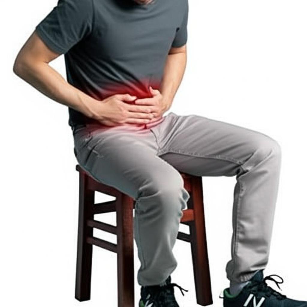 man sitting uncomfortably with hand on lower abdomen