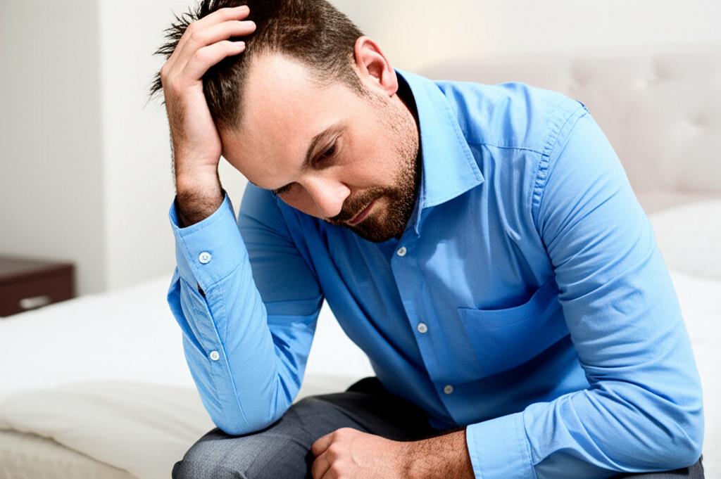Man looking tired and stressed, sitting on a bed