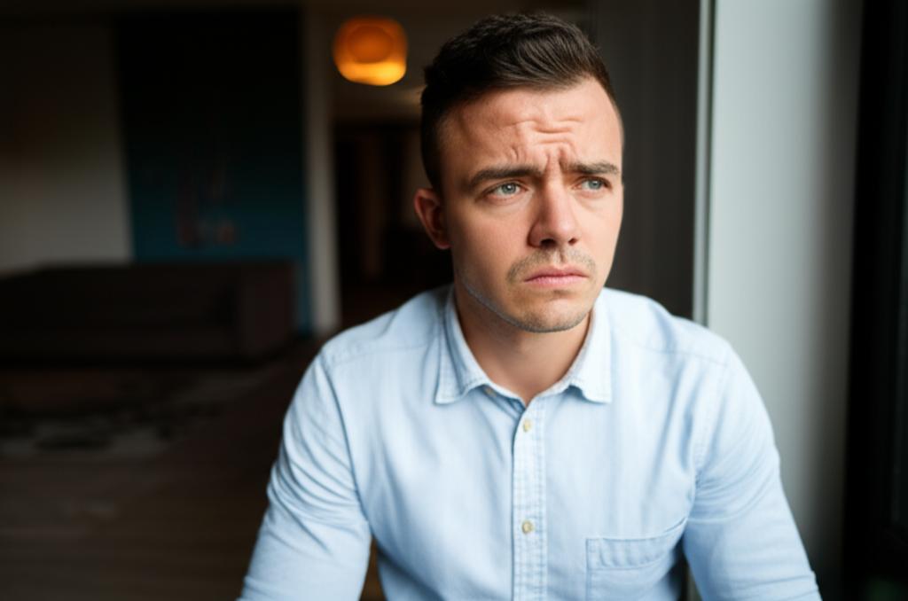 Young man sitting alone looking worried and frustrated