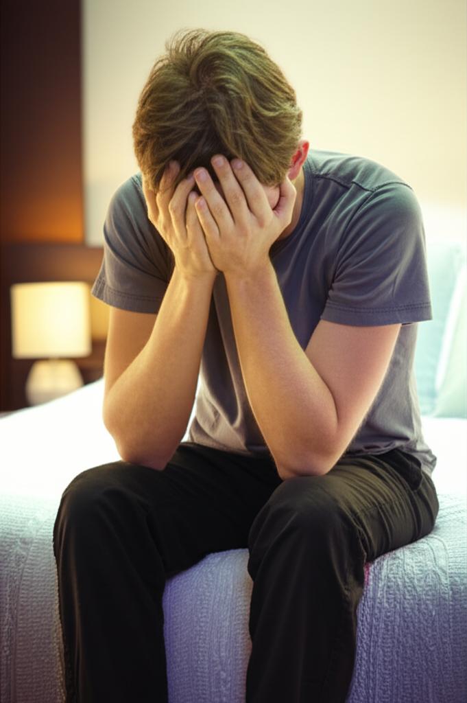Young man sitting on a bed looking tired and frustrated, head in hands, soft lighting, realistic photo