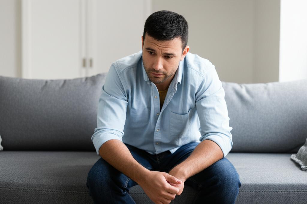 A man sitting on a sofa looking tired and stressed, contemplating his situation