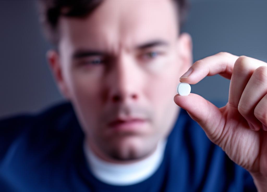 Man looking worriedly at a pill, symbolizing reliance on medication