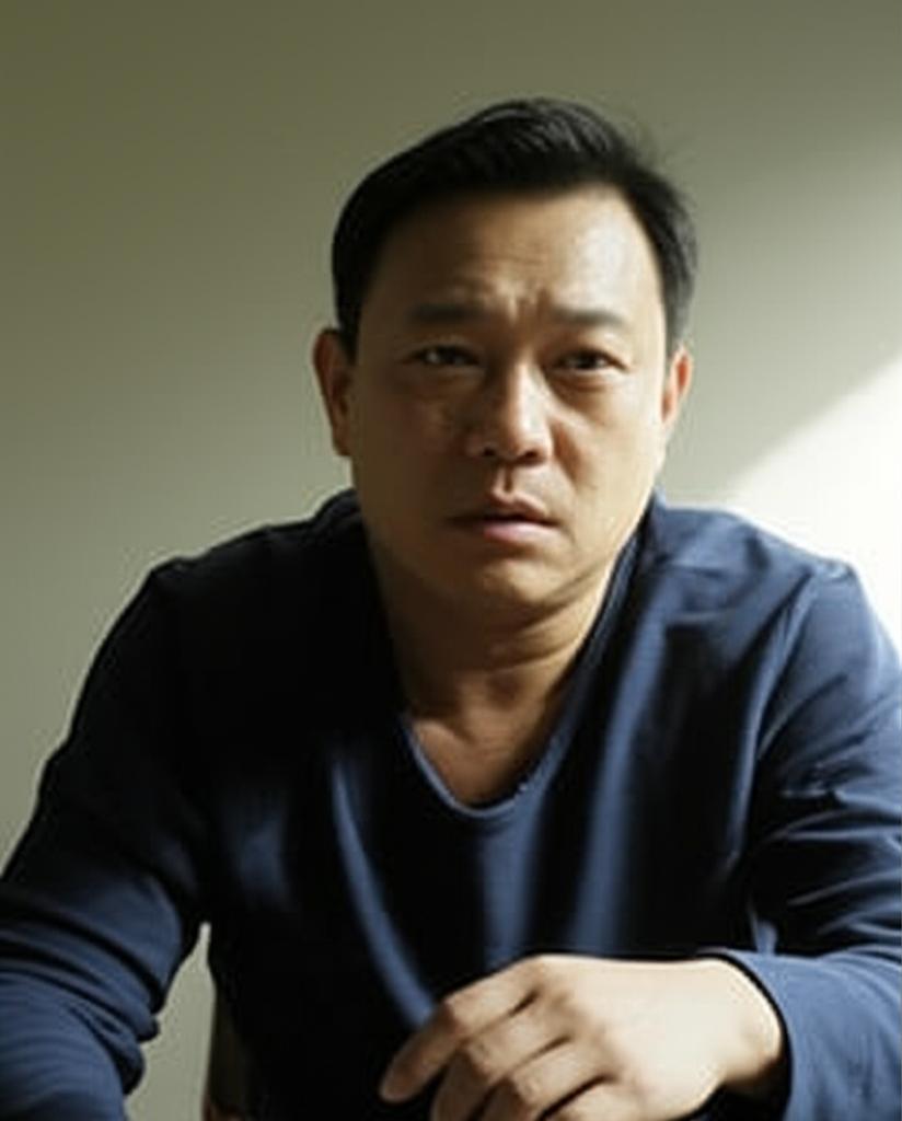 Middle-aged Asian man looking tired and thoughtful, sitting alone