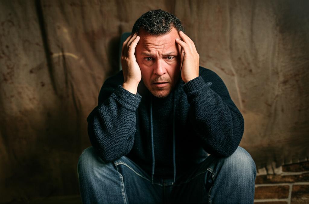A man looking frustrated and tired, sitting alone, with a backdrop suggesting past vitality and present struggle, realistic photo