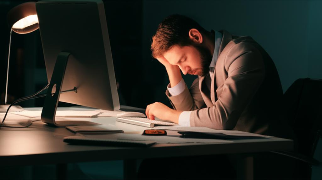 Man feeling tired and stressed at work, low energy concept AI prompt