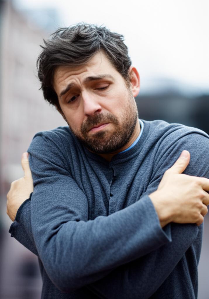 Image of a man feeling cold and hugging himself, looking tired, perhaps with a subtle background suggesting discomfort or low energy.