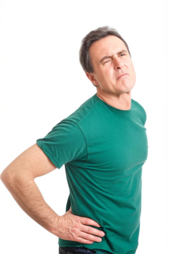Middle-aged man looking tired and rubbing his back