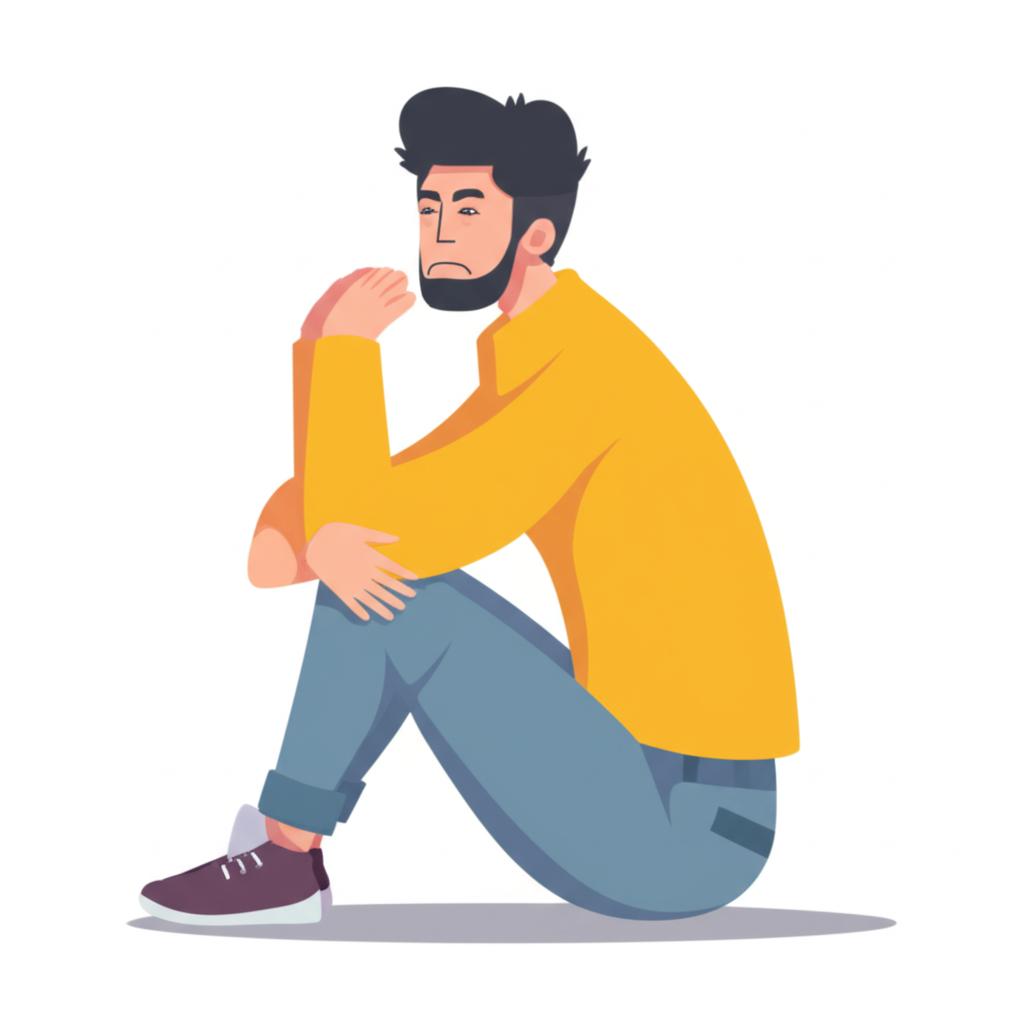 man feeling cold and tired, sitting alone, low energy, muted colors