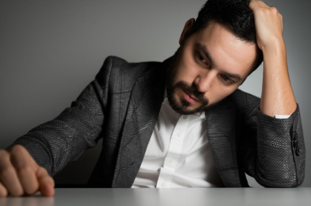 man looking tired and stressed, low energy, sitting alone