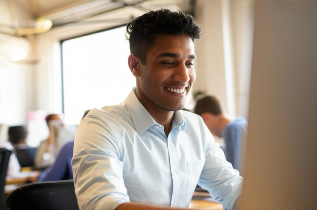 man looking energetic and focused at work after resolving health issue, smiling, productive, vibrant office environment