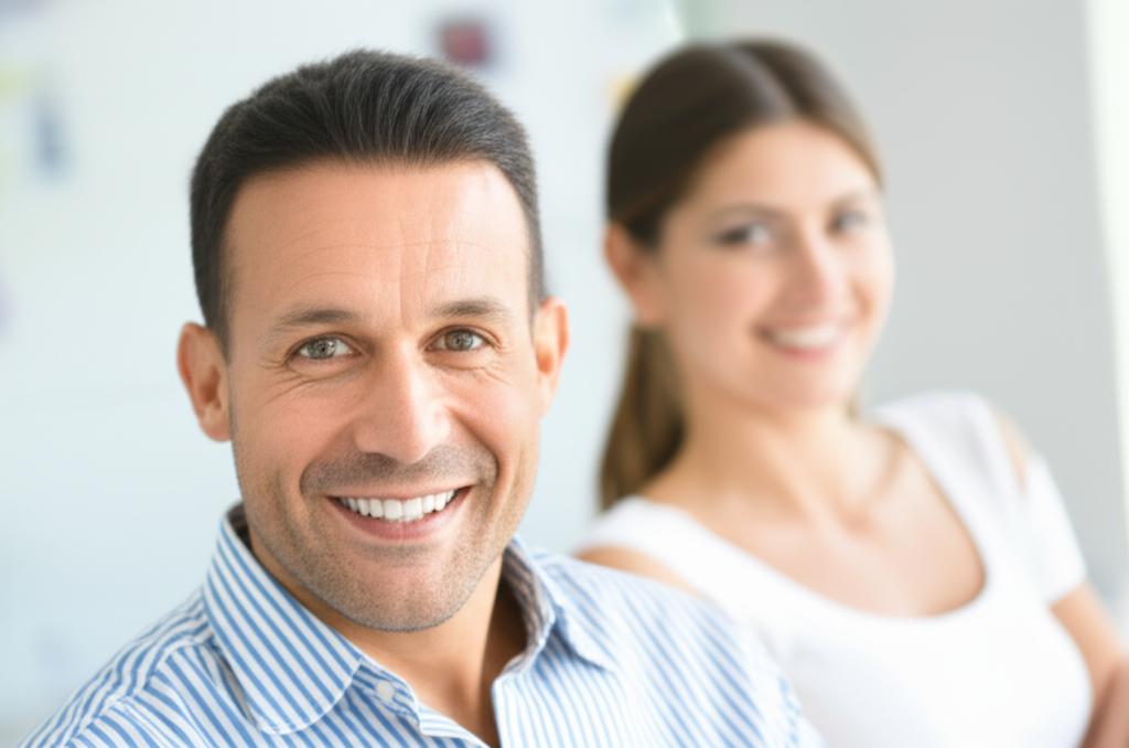 Man smiling confidently with his partner in the background, symbolizing regained intimacy